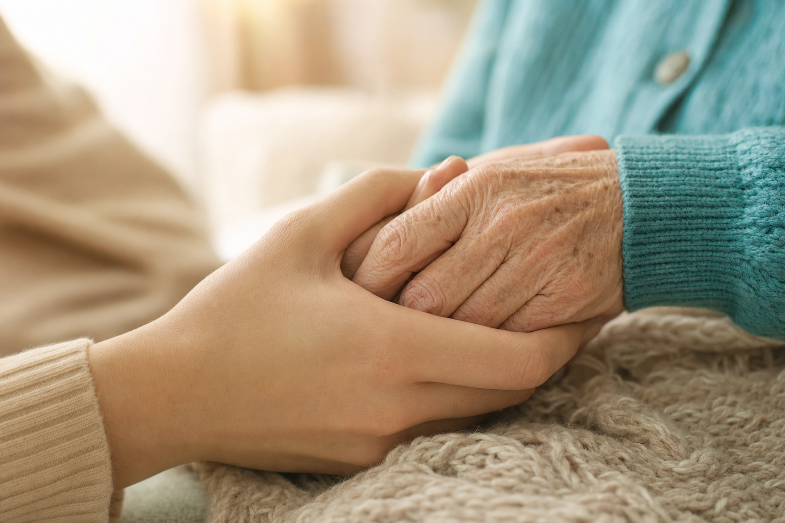 Caregiver gently holding the hand of an older adult, symbolizing trust and compassionate home health care