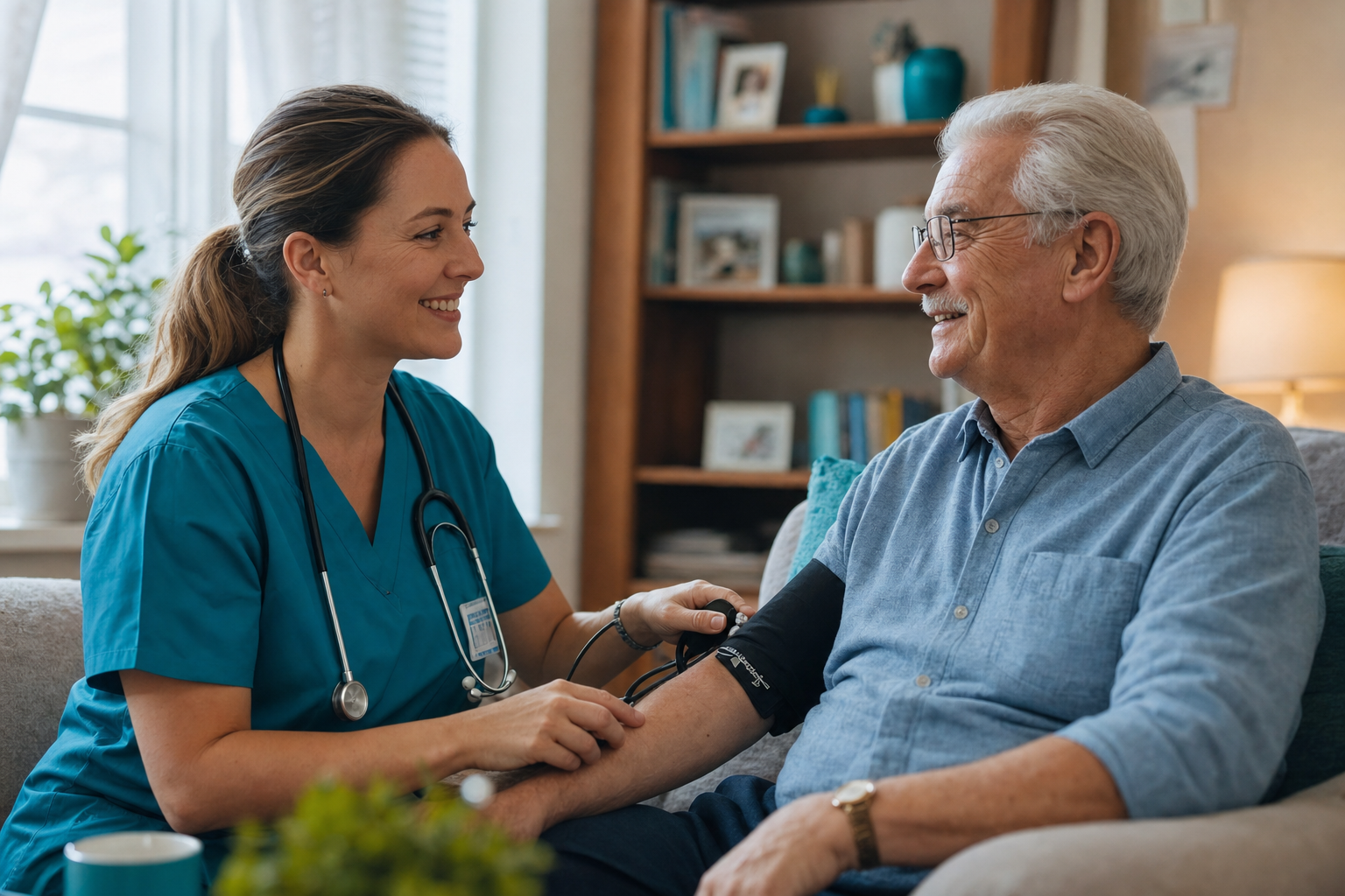 Home health nurse checking an older man's blood pressure at home